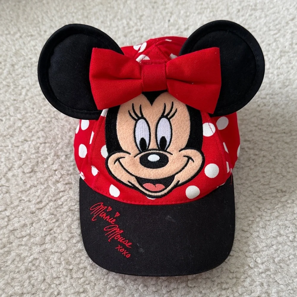 Authentic Disney Minnie Mouse Red Polka Dot Kids Cap with Ears & Bow